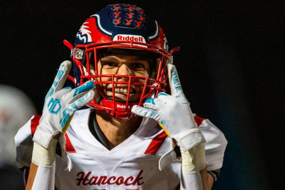 Hancock’s Neil Acker celebrates after scoring during a game at West Harrison High School in Harrison County on Friday, Oct. 6, 2023. Hannah Ruhoff/Sun Herald