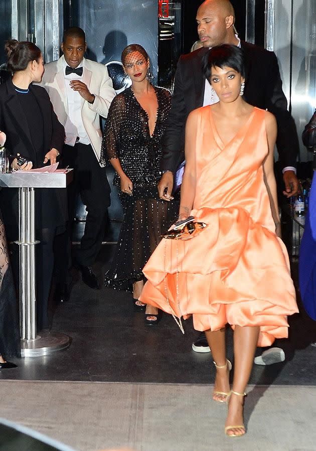 Solange, Bey and Jay leave the elevator that fateful night. Source: Splash