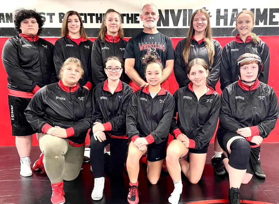 Meet the members of the 2022-23 Honesdale girls varsity wrestling team. The Lady Hornets are gearing up for a challenging schedule featuring both tournament and dual meet action. Pictured are (first row, from left): Jaidyn Mikulak, Emma Maxwell, Rachele Chee, Sage Olver, Charlie MacDowell. Second row: Nicky Agis, Sydney Roberts, Madison Breidenstein, Coach Chris Carroll, Jillian Penn, Roz Mikulak.