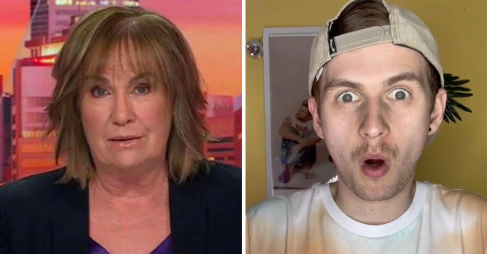 L: Tracy Grimshaw on A Current Affair. R: TikToker Tylah Hill looks shocked