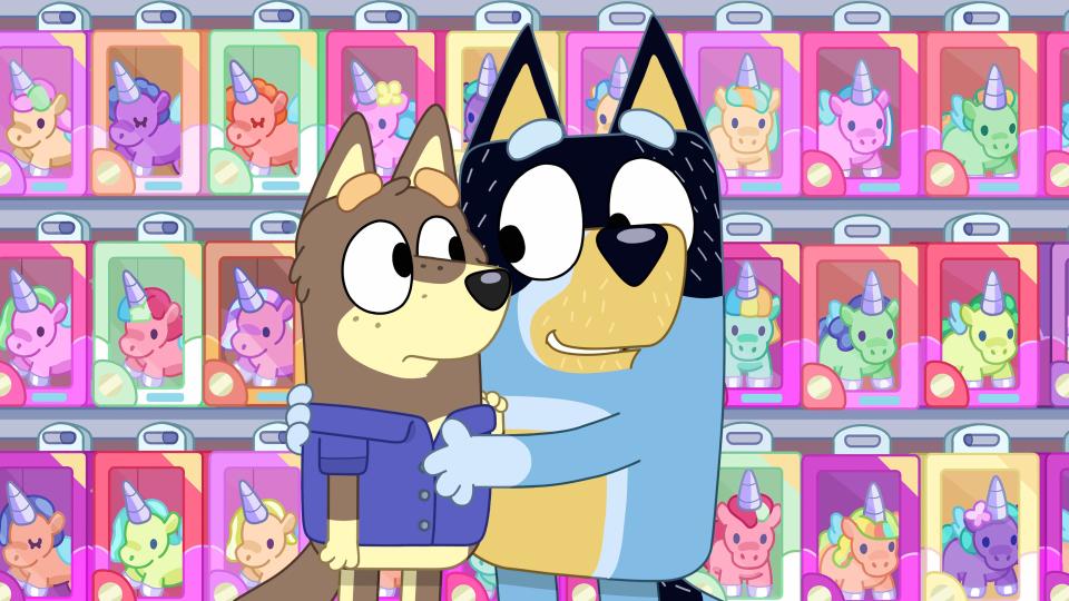 This image released by Disney Channel shows the character Alfie, voiced by Robert Irwin, left, and Dad, voiced by David McCormack, in a scene from the animated series "Bluey." Irwin has long acted as a voice for animals. Now he’s actually voicing an animal. The 17-year-old son of the late conservationist Steve Irwin this week lends his voice to the character Alfie on the popular children’s TV show. (Disney Channel via AP)