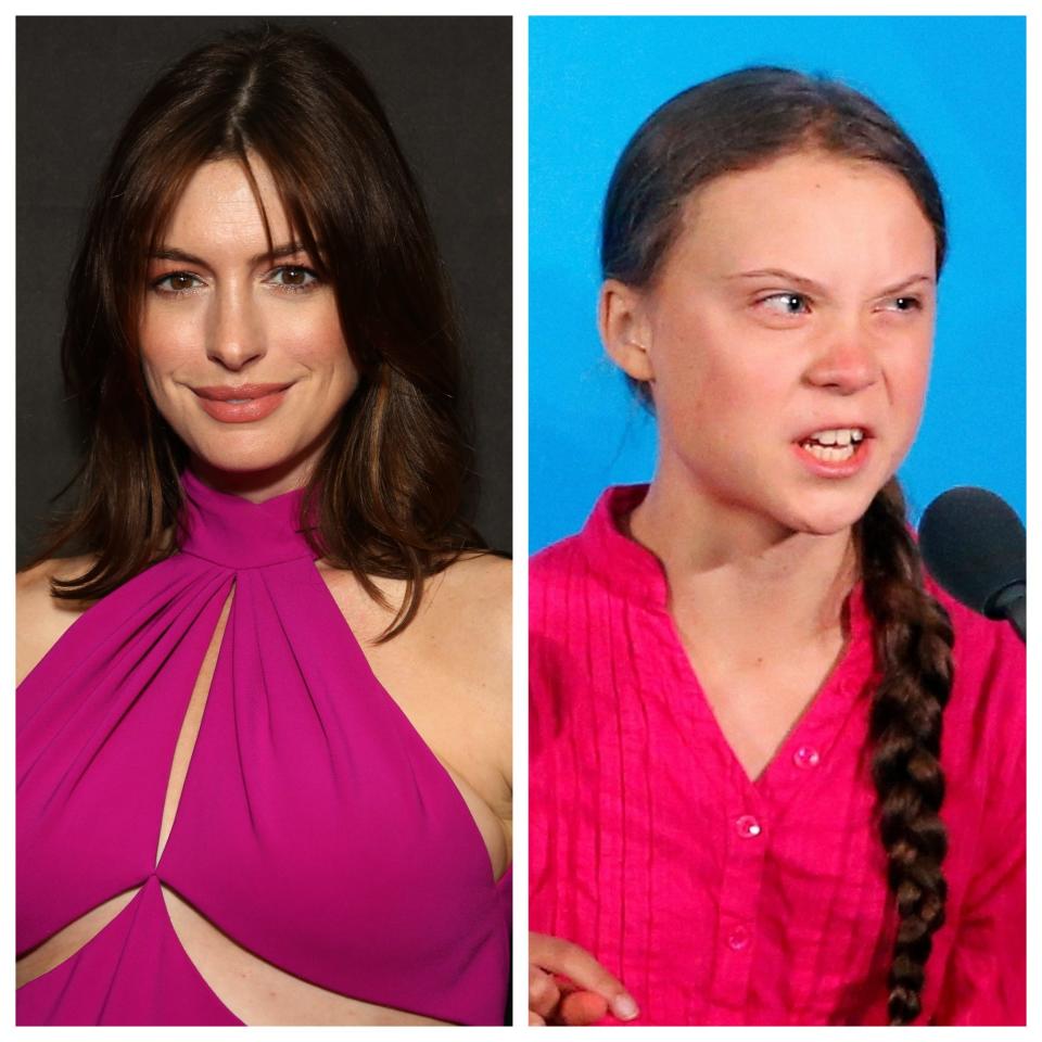 Anne Hathaway (left) sent a message of support to teen climate activist Greta Thunberg (right).