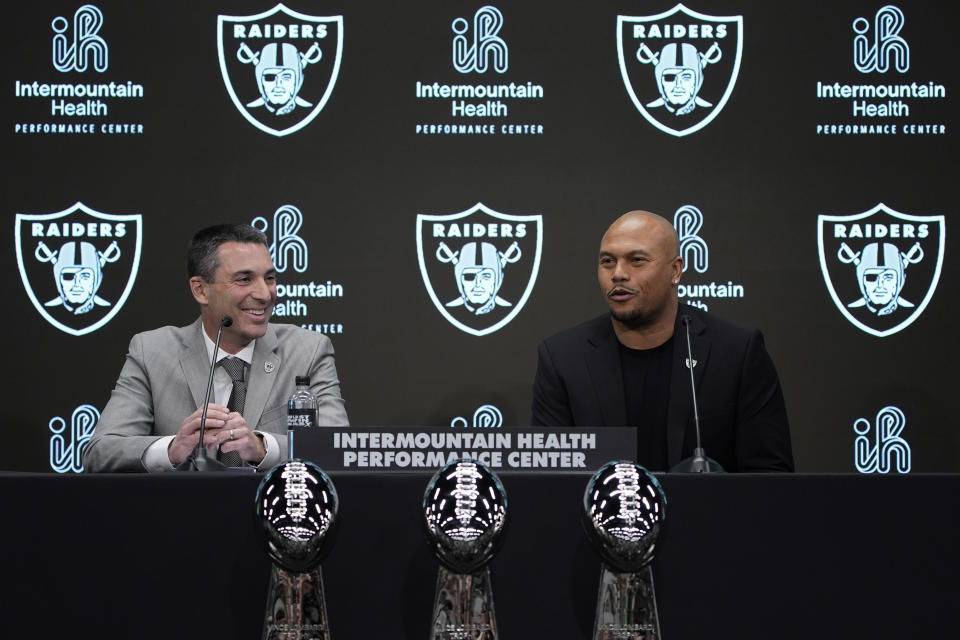 Las Vegas Raiders general manager Tom Telesco, left, and head coach Antonio Pierce attend a news conference Wednesday, Jan. 24, 2024, in Henderson, Nev. (AP Photo/John Locher)