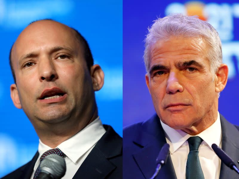 A combination of file photos shows Naftali Bennett in Jerusalem and Yair Lapid in Tel Aviv