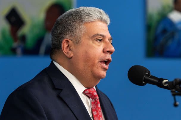 PHOTO: Brooklyn District Attorney Eric Gonzalez speaks during Martin Luther King Jr. Day at National Action Network House of Justice Headquarters, New York, Jan. 16, 2023. (Lev Radin/Pacific Press/LightRocket via Getty Images)