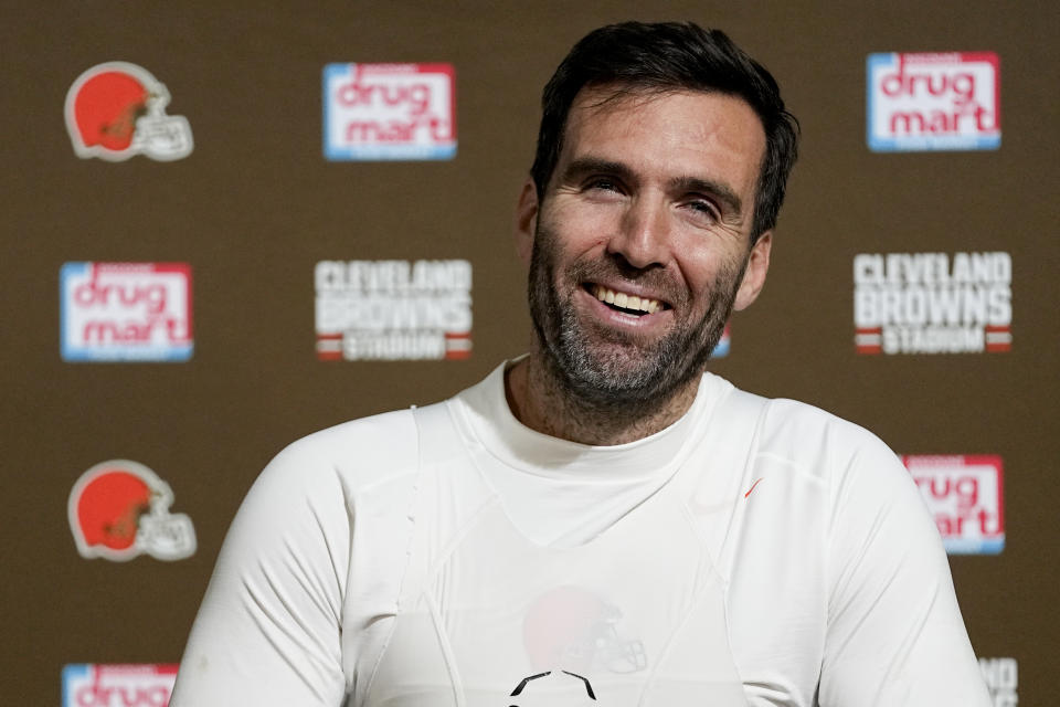 Cleveland Browns quarterback Joe Flacco speaks during a news conference after their win against the New York Jets in an NFL football game Thursday, Dec. 28, 2023, in Cleveland. (AP Photo/Sue Ogrocki)