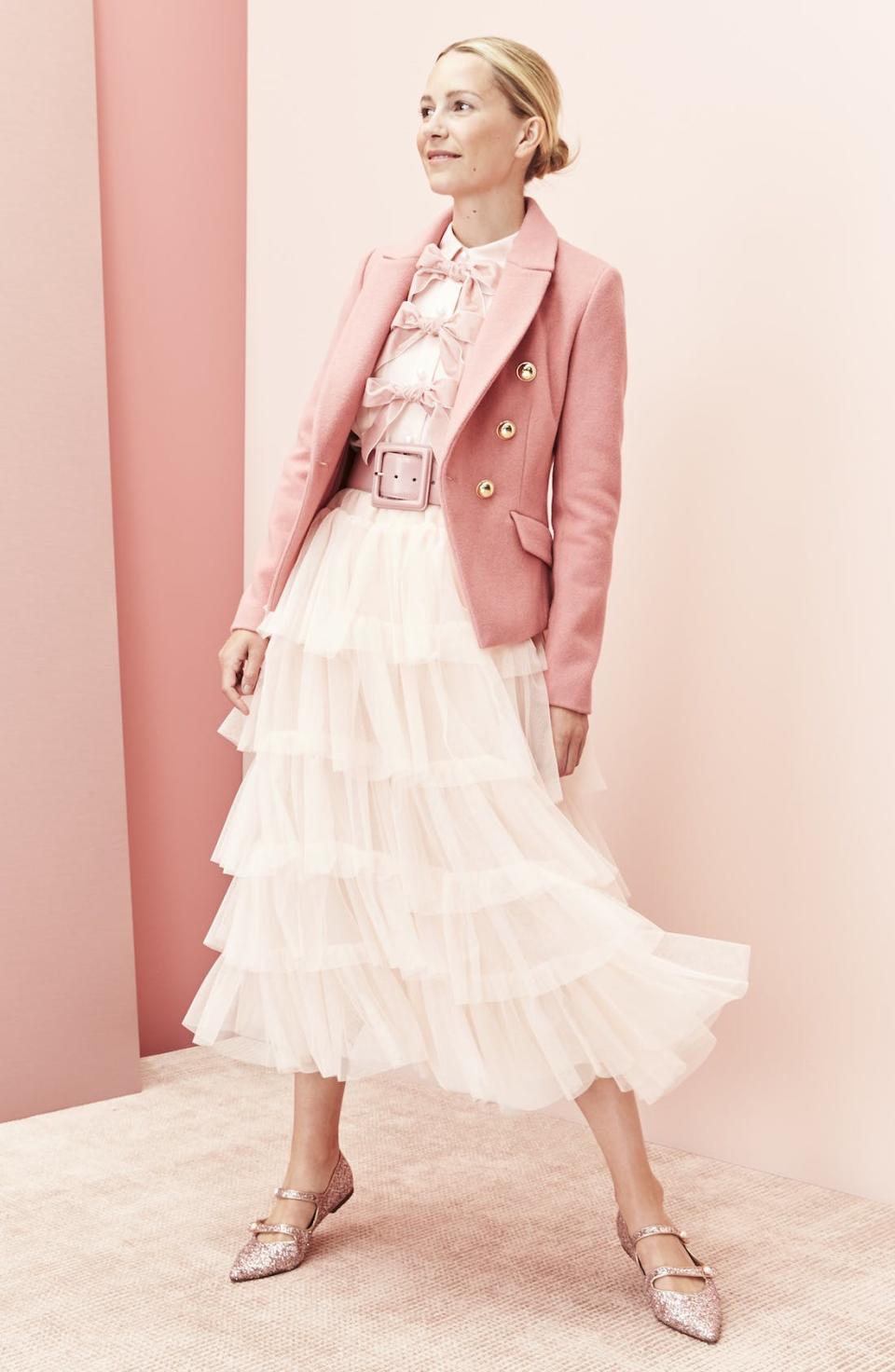 Blaire Edie in pink blazer and tulle skirt from Halogen x Atlantic-Pacific