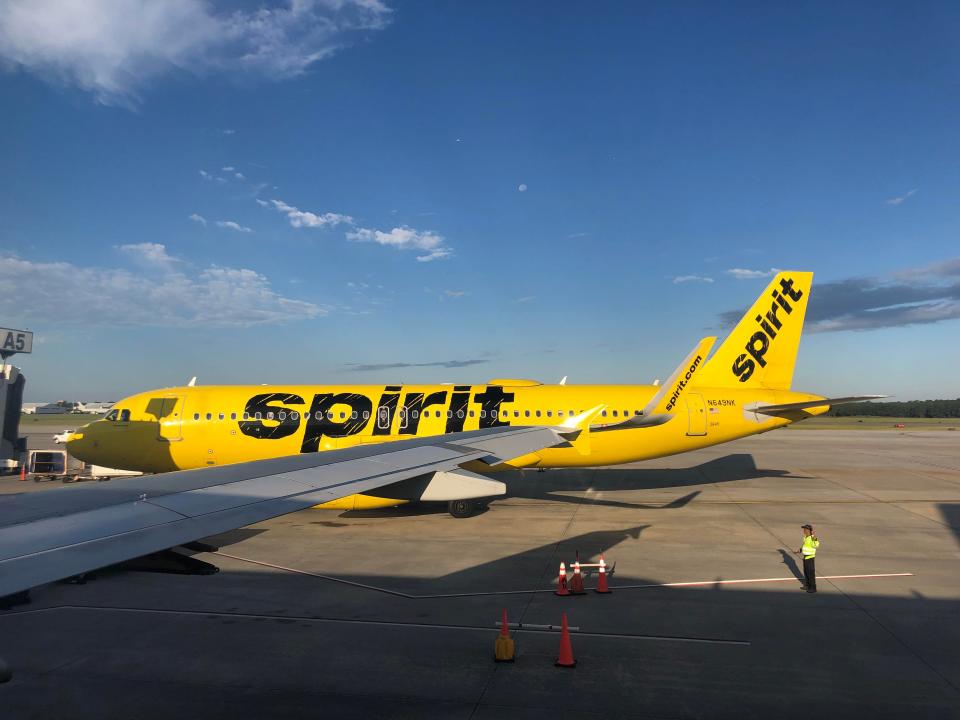 A Spirit Airlines plane at Myrtle Beach International Airport in August 2022