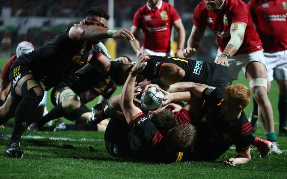 Iain Henderson of the Lions is held up over the tryline during the 2017 British & Irish Lions tour match between the Chiefs and the British & Irish Lions - Getty Images