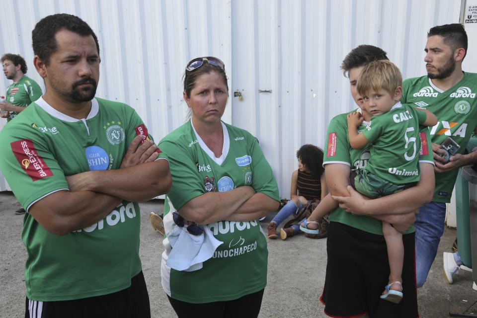 <p>Fans of Brazil’s soccer team Chapecoense gather at the Arena Conda stadium in Chapeco, Brazil, Tuesday, Nov. 29, 2016. A chartered plane that was carrying the Brazilian soccer team to the biggest match of its history crashed into a Colombian hillside and broke into pieces, killing 75 people and leaving six survivors, Colombian officials said Tuesday. (AP Photo/Andre Penner) </p>