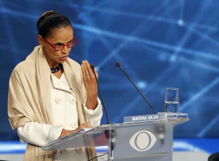 Presidential candidate Marina Silva of Brazilian Socialist Party (PSB) speaks during the first television debate at the Bandeirantes TV studio in Sao Paulo August 26, 2014. REUTERS/Paulo Whitaker