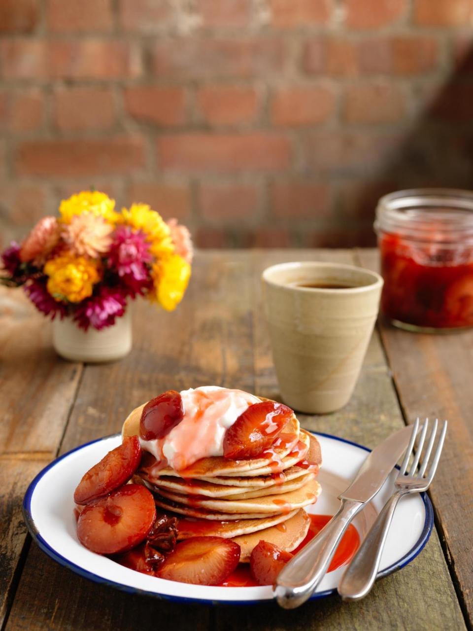 Chai pancakes with star anise plums