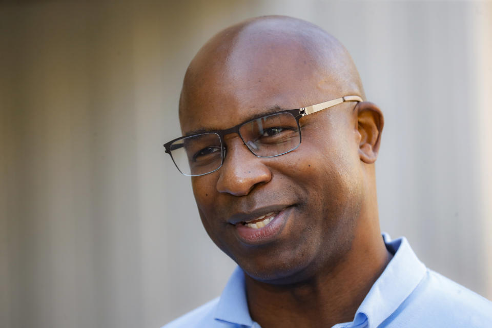 FILE - In this June 23, 2020, file photo Jamaal Bowman speaks to reporters after voting at a polling station inside Yonkers Middle/High School in Yonkers, N.Y. Bowman, a former middle school principal, ousted longtime incumbent U.S. Rep. Eliot L. Engel in New York’s Bronx. "I’m very encouraged but we have to be vigilant,” Bowman said. “We cannot let up and we have to continue to engage, organize and build a nation that works for all of us. There are people on the other side who can care less about the progressive movement or about wealth sharing or Black people. ... So we cannot stop, we have to be relentless to really build and get this country where we need it to be." (AP Photo/John Minchillo, File)