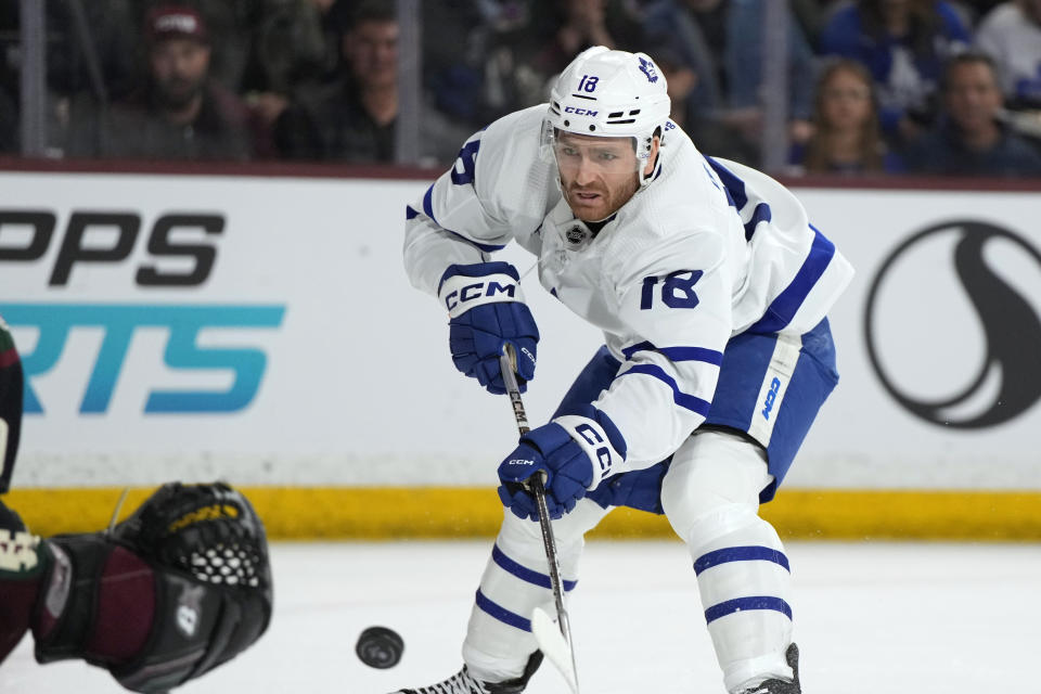 Toronto Maple Leafs center Noah Gregor shoots on Arizona Coyotes goaltender Karel Vejmelka during the second period of an NHL hockey game Wednesday, Feb. 21, 2024, in Tempe, Ariz. (AP Photo/Rick Scuteri)