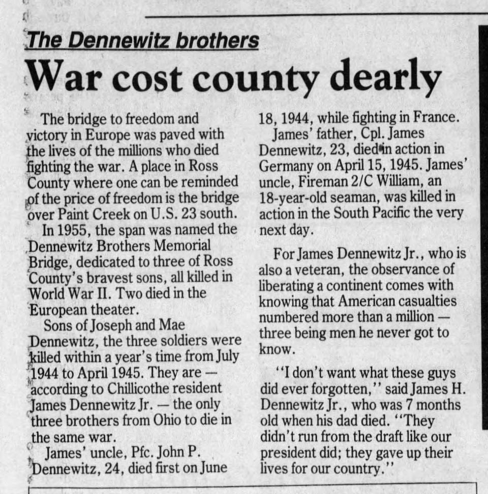 A 1995 Chillicothe Gazette article looking at the deaths of the Dennewitz brothers in World War II.