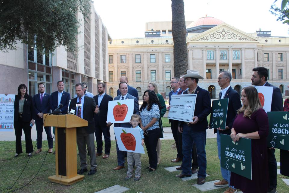 Led by Arizona Senate President Warren Petersen, more than a dozen legislators, state school Superintendent Tom Horne and teachers gathered as GOP lawmakers announced a plan to boost teacher pay with a Proposition 123 extension.