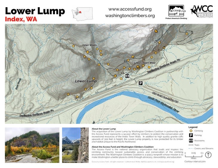 <span class="article__caption">The new purchase is seen here, and includes all the climbing areas (yellow dots) along the perimeter of the Lower Lump. Moving counterclockwise from left to right, those areas include part or all of: the Beetle Bailey slab, the upper pitches of the Walking Legend area, the Field of Dreams area, and much of the southwestern side of the Inner Walls, including the popular Toxic Shock area. </span> (Photo: Access Fund)