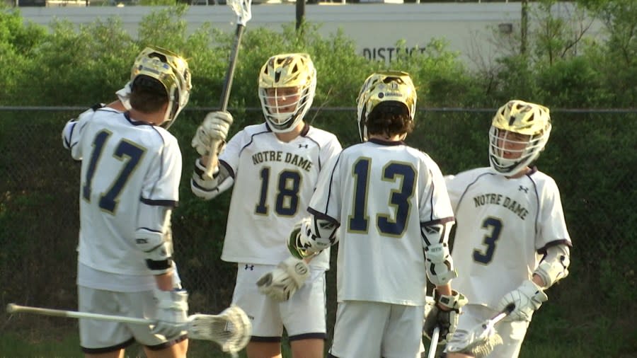 <em>Elmira Notre Dame boys lacrosse was led by 5 early goals from Finn Schweizer, Liam Schweizer, Kevin Green, and Matthew Keough (all pictured) in a win over Windsor.</em>