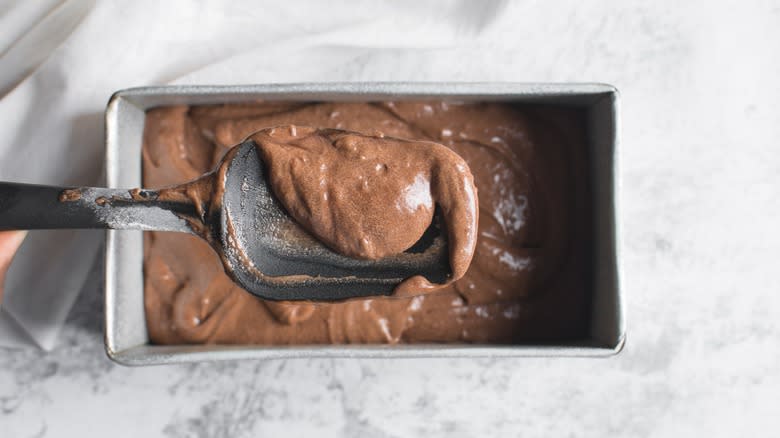 Cake batter in a loaf pan