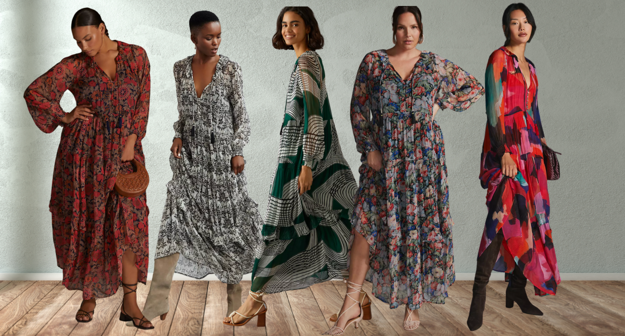 five models wearing anthropologie maxi dress in different colours and prints, Anthropologie reviewers call the Marais Printed Chiffon Maxi Dress 