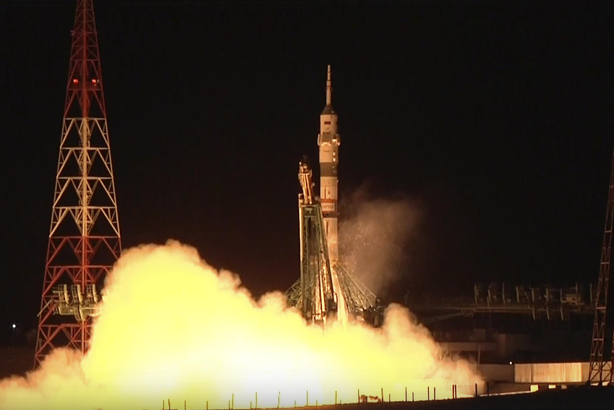 In this photo taken from video released by Roscosmos space corporation, the Soyuz-2.1 rocket booster with Soyuz MS-26 space ship carrying Roscosmos cosmonauts Alexey Ovchinin, Ivan Vagner and NASA astronaut Don Pettit, a new crew to the International Space Station, ISS, blasts off in the Russian leased Baikonur cosmodrome, Kazakhstan, Wednesday, Sept. 11, 2024. (Roscosmos space corporation, via AP)