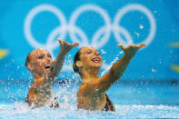 LONDON, ENGLAND - AUGUST 05: Sona Bernadova and Alzbeta Dufkova of Czech Republic compete in the Synchronised Swimming - Duets - Technical Routine on Day 9 of the London 2012 Olympic Games at the Aquatics Centre on August 5, 2012 in London, England. (Photo by Al Bello/Getty Images)