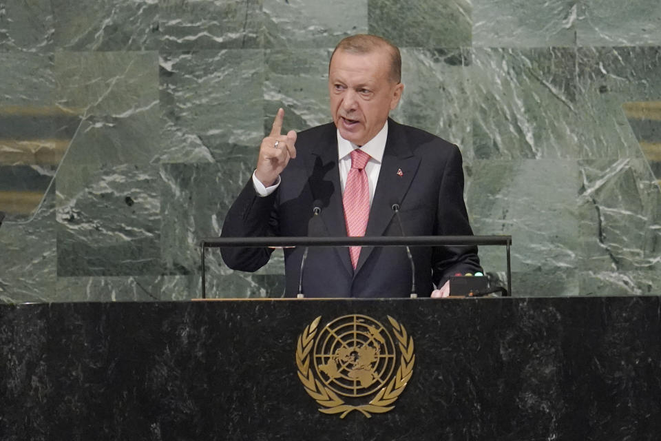 President of Turkey Recep Tayyip Erdogan addresses the 77th session of the United Nations General Assembly, Tuesday, Sept. 20, 2022 at U.N. headquarters. (AP Photo/Mary Altaffer)