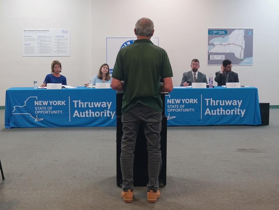 Haverstraw resident Ilan Schulein offers comments during a public hearing on toll pricing at Palisades Center Mall in West Nyack on Tuesday, May 16, 2023.