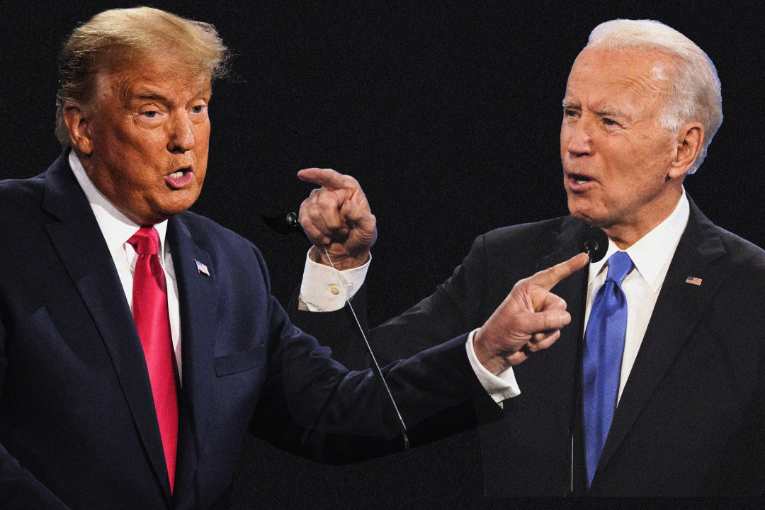 Donald Trump and Joe Biden during the Oct. 22, 2020, presidential debate in Nashville. (Photo illustration: Yahoo News; photos: Patrick Semansky/AP, Julio Cortez/AP)