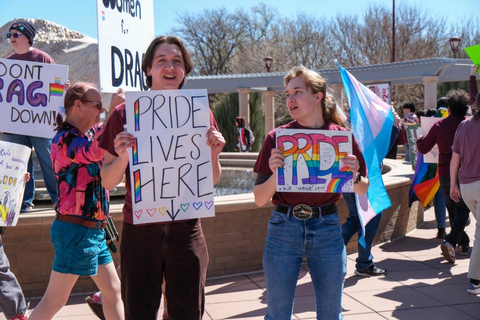 WT students march in protest Tuesday in opposition of the university president's comments about his cancelation of a drag show on the WT campus in Canyon, Texas.