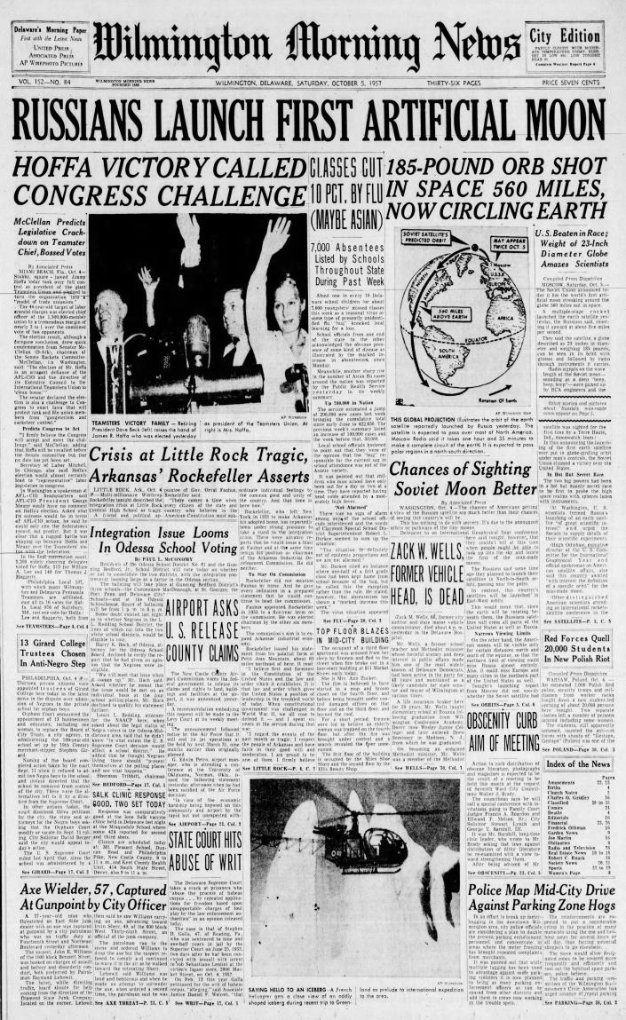 Front page of the Wilmington Morning News from Oct. 5, 1957.