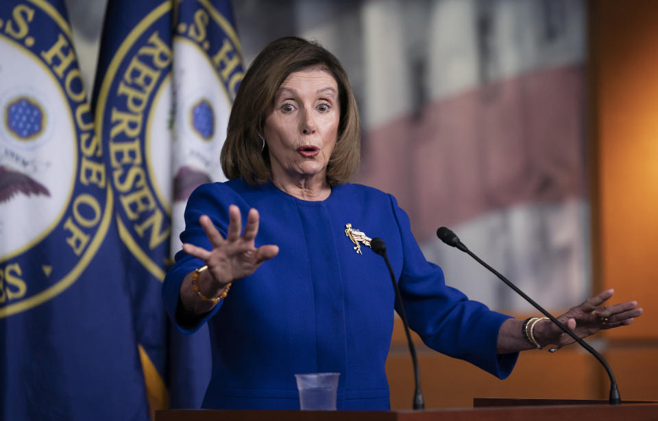 Speaker of the House Nancy Pelosi, D-Calif., arrives to meet with reporters following escalation of tensions this week between the U.S. and Iran, Thursday, Jan. 9, 2020, on Capitol Hill in Washington. (AP Photo/J. Scott Applewhite)