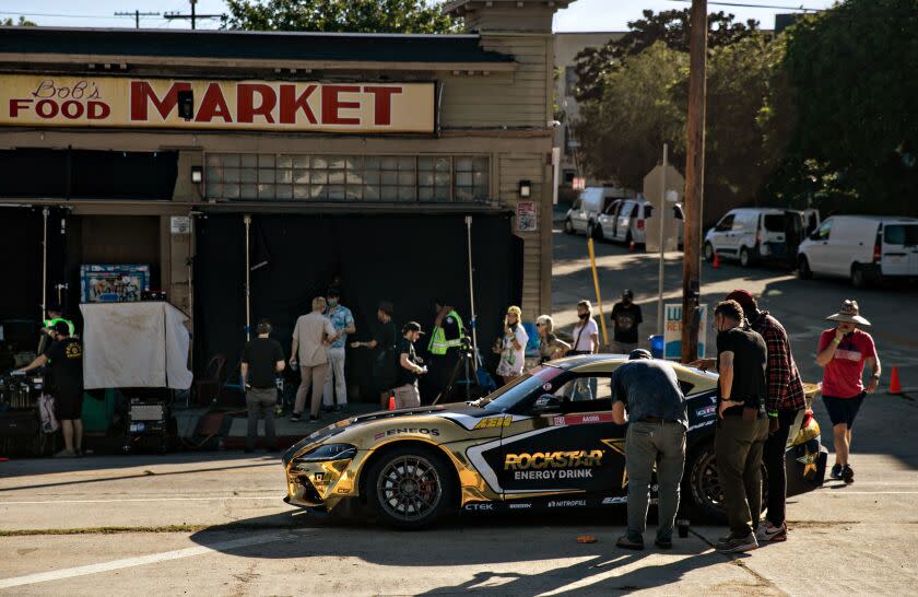 LOS ANGELES, CA - SEPTEMBER 22: A Rockstar Energy commercial films at Bob's Market in Angelino Heights on Thursday, Sept. 22, 2022 in Los Angeles, CA. (Jason Armond / Los Angeles Times)