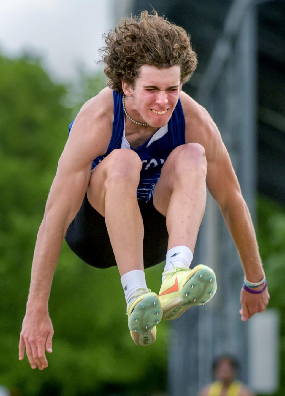 Limestone's Sam Morse takes flight in the long jump during the Class 2A Metamora Sectional track and field meet Wednesday, May 18, 2022 at Metamora High School. Morse won the event with a jump of 6.73 meters.