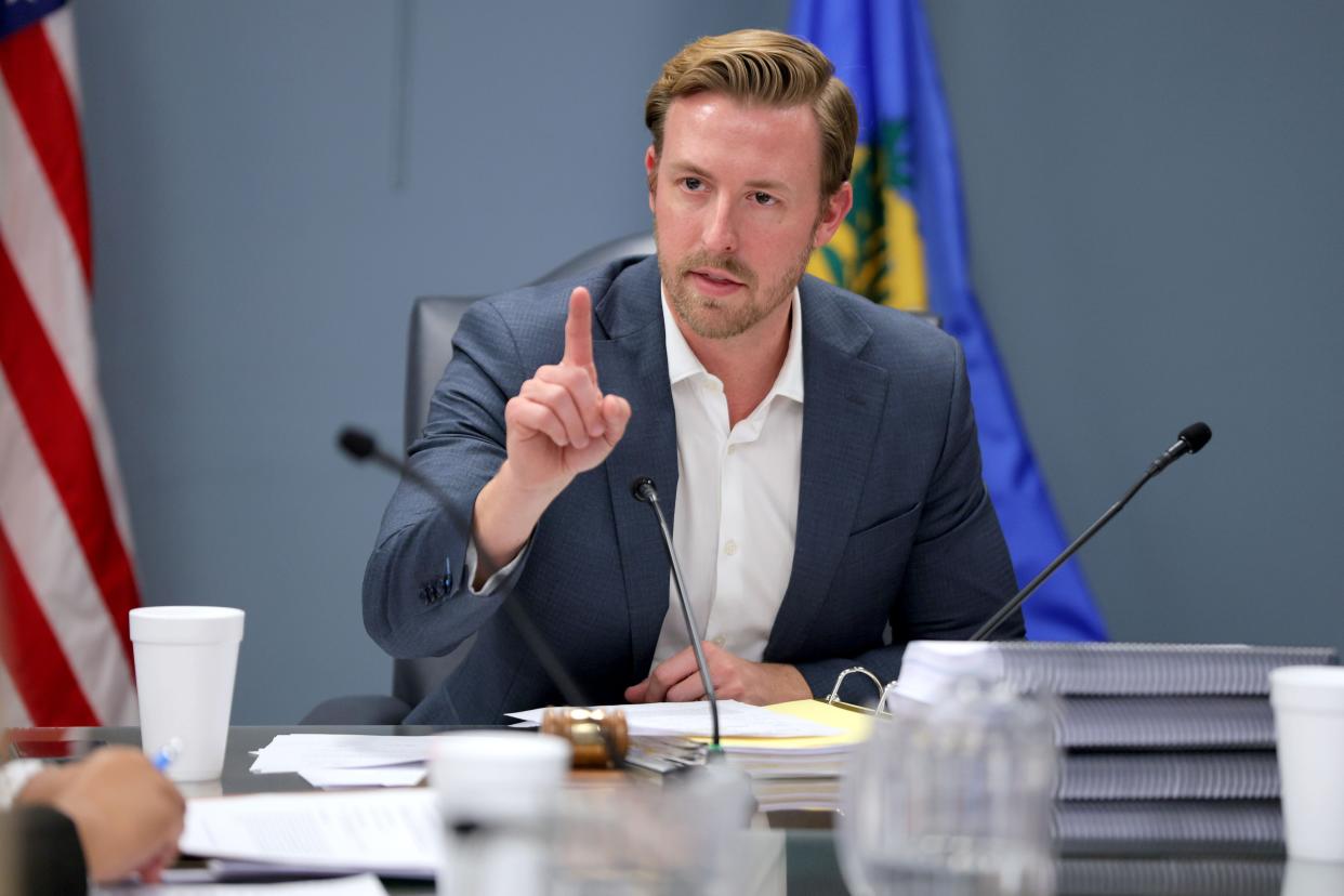 State schools Superintendent Ryan Walters speaks during an Oklahoma State Board of Education meeting at the Oliver Hodge Building in Oklahoma City.