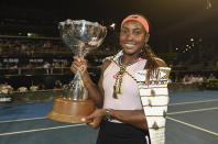 USA's Coco Gauff poses for a photo with her trophy after she beat Spain's Viktoria Masarova in the final of the ASB Classic tennis event in Auckland, New Zealand, Sunday, Jan. 8, 2023. (Andrew Cornaga/Photoport via AP)
