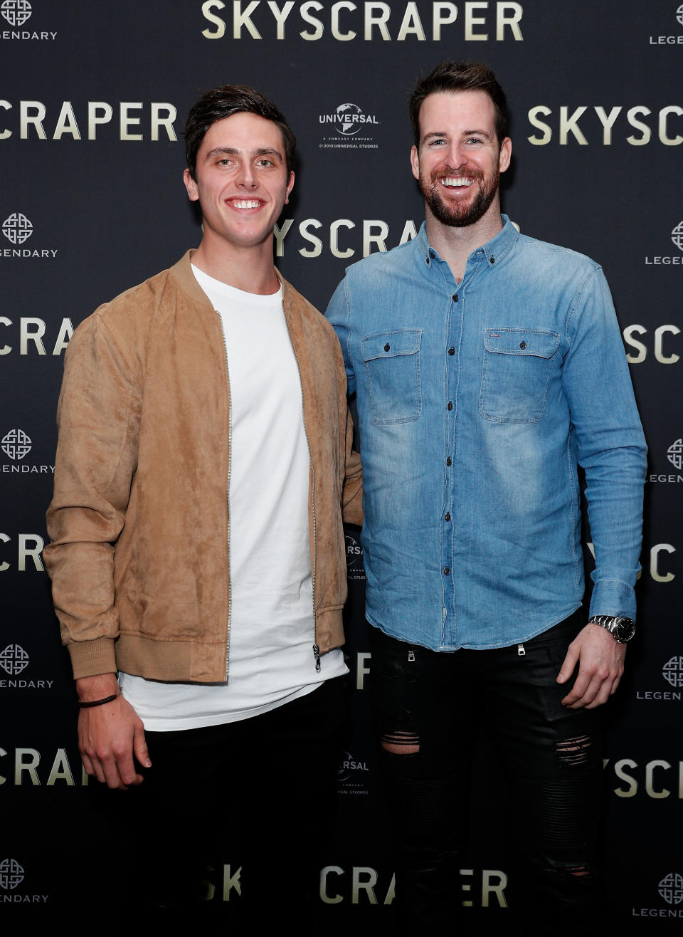 Kurt Herzog and James Magnussen attend the SKYSCRAPER Sydney Premiere  at Event Cinemas George Street on July 10, 2018 in Sydney, Australia.  (Photo by Hanna Lassen/WireImage)