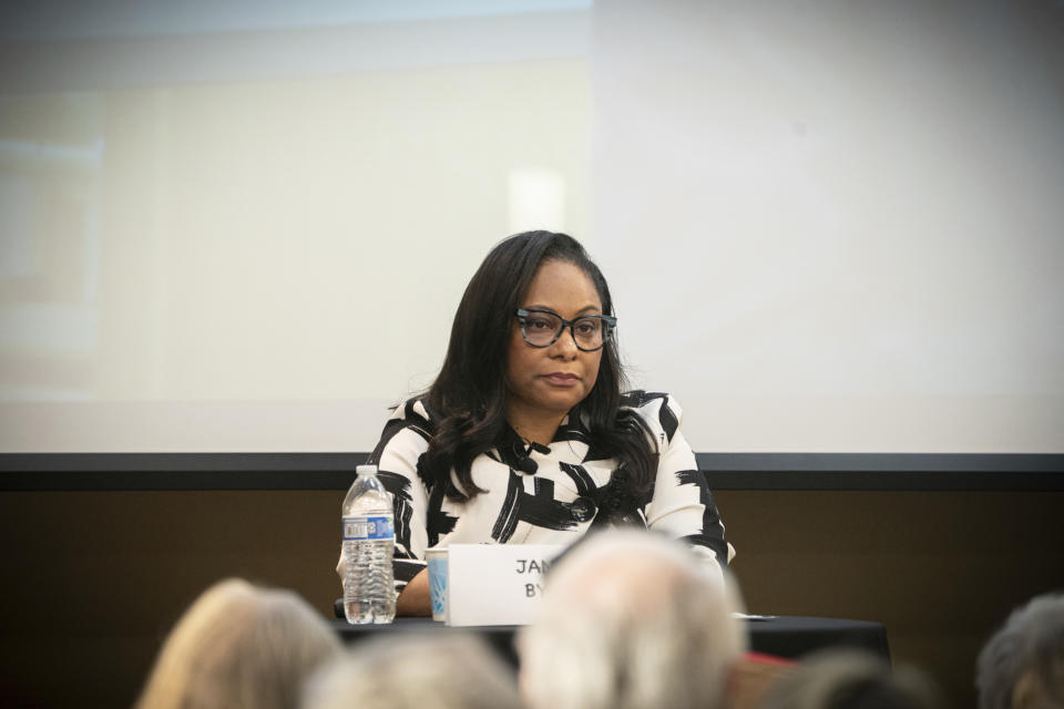 Janelle Bynum a candidate for Oregon's 5th congressional district, takes part in an in-person Q&A at the Tumwater Ballroom in Oregon City, Ore., on Wednesday, April 17, 2024 (Mark Graves/The Oregonian via AP)