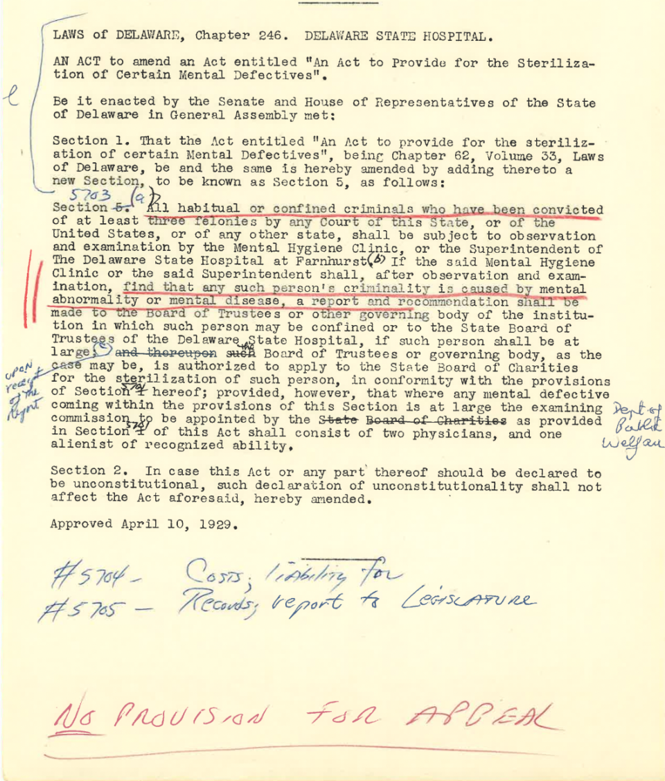 In 1965, a Walter Reed Army Institute of Research political scientist Julius wrote a now-celebrated report on every state’s sterilization practices. Here are Paul's notes on Delaware's sterilization practices.