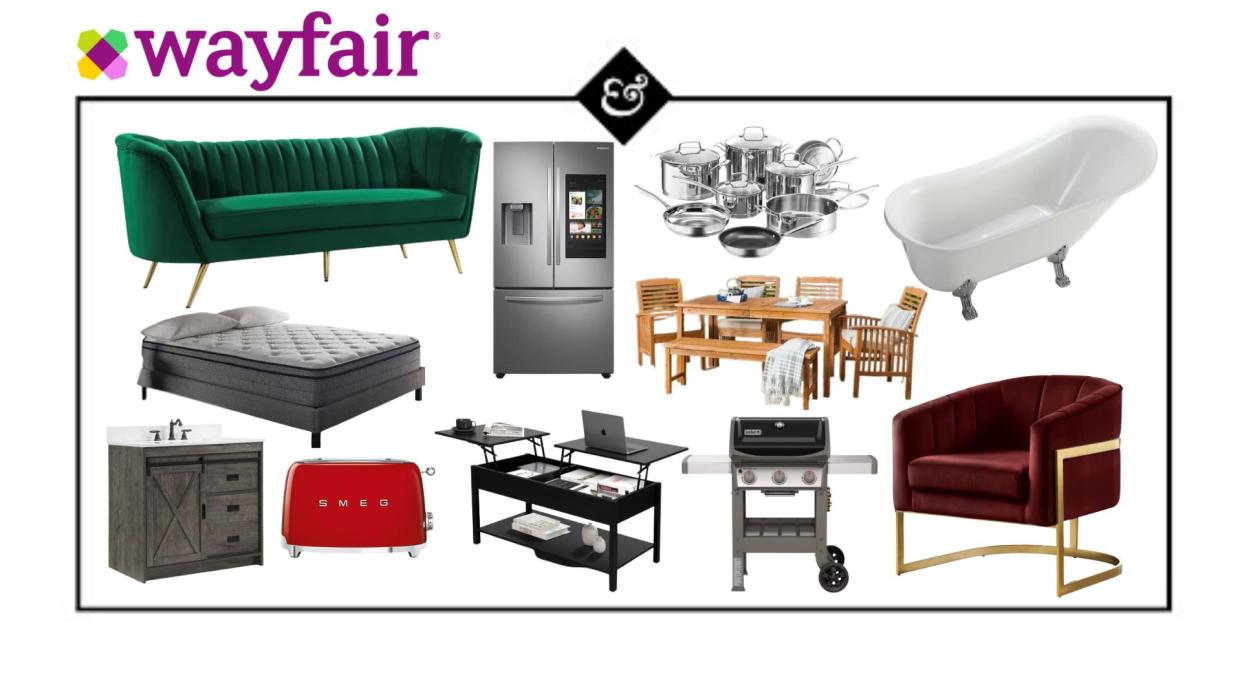  A composite image of Way Day deals, showing furniture, a bathtub, a grill, a chair, a coffee table, a fridge, and other sale items. The Wayfair logo is in the top left corner 