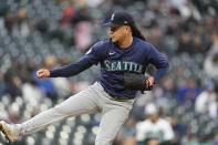 Seattle Mariners starting pitcher Luis Castillo works against the Colorado Rockies in the first inning of a baseball game Saturday, April 20, 2024, in Denver. (AP Photo/David Zalubowski)