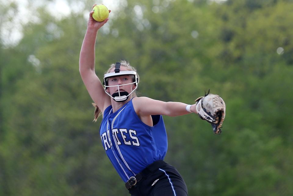 Pearl River pitcher Kiera Luckie pitching against Nanuet in softball action at Pearl River High School  May 11, 2022. Pearl River won the game 15-0.