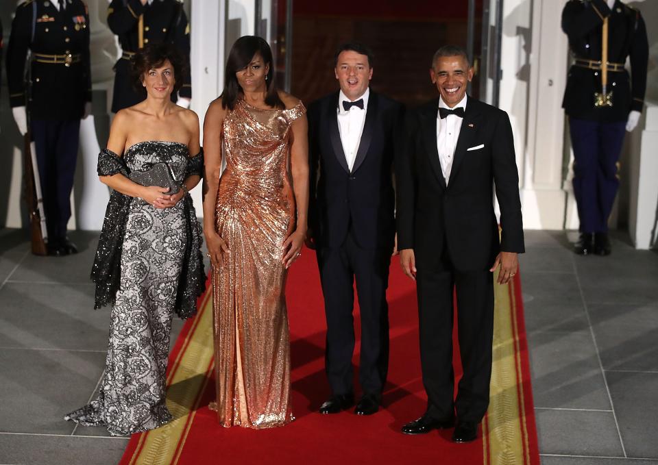 The Obamas greet Italian Prime Minister Matteo Renzi and his wife at the White House