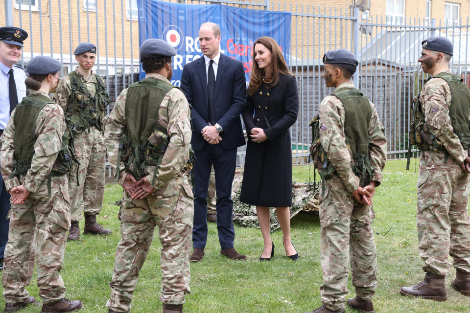 The Duke and Duchess of Cambridge talk to cadets during a visit to 282 (East Ham) Squadron, RAF Air Cadets, Cornwell VC Cadet Centre, in east London. Picture date: Wednesday April 21, 2021.