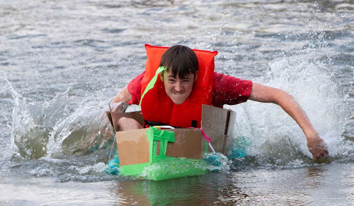 The Cardboard Regatta took place on Sunday afternoon at the Wichita Riverfest. Contestants were given 90 minutes to construct a vessel using only the items they were given: cardboard, duct tape, pool noodles and a box cutter. The contestants were then timed to see how fast they made it to the finish line. Several boats sunk quickly.