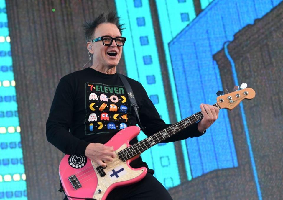 Bassist and co-lead vocalist Mark Hoppus from Blink-182 performs during the first week-end of Coachella Valley Music and Arts Festival in Indio, California, on April 14, 2023. (Photo by VALERIE MACON / AFP) (Photo by VALERIE MACON/AFP via Getty Images)