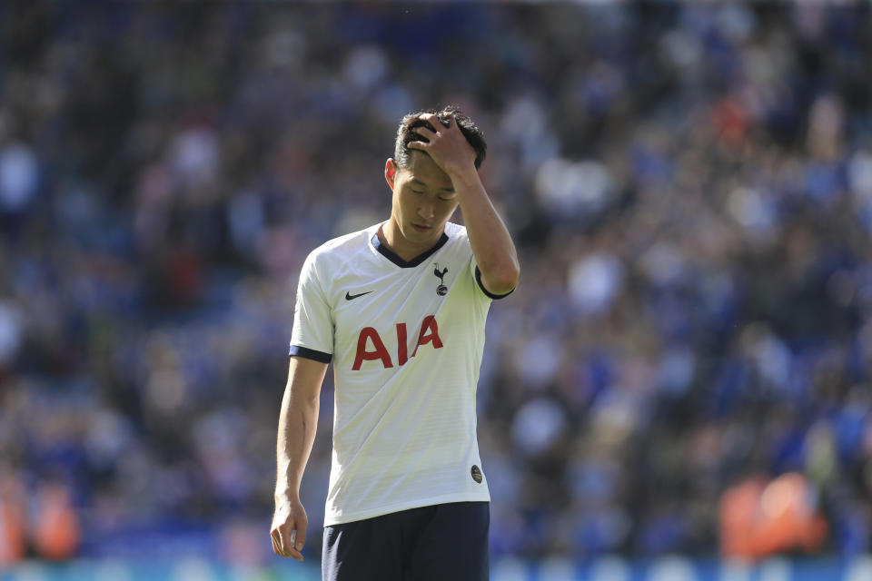 Tottenham's Son Heung-min reacts after his side lost to Leicester 2-1 in the English Premier League soccer match between Leicester City and Tottenham Hotspur at the King Power Stadium in Leicester, England, Saturday, Sept. 21, 2019. (AP Photo/Leila Coker)