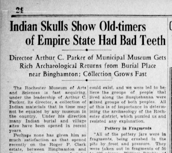 A headline in the Nov. 6, 1930 Democrat and Chronicle about archaeological activities of the Municipal Museum, the predecessor of the Rochester Museum and Science Center.