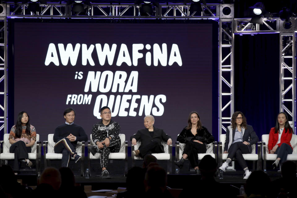 Awkwafina, from left, BD Wong, Bowen Yang, Lori Tan Chinn, Lucia Aniello, Karey Dornetto and Teresa Hsiao speak at the "Akwafina is Nora from Queens" panel during the Comedy Central TCA 2020 Winter Press Tour at the Langham Huntington on Tuesday, Jan. 14, 2020, in Pasadena, Calif. (Photo by Willy Sanjuan/Invision/AP)