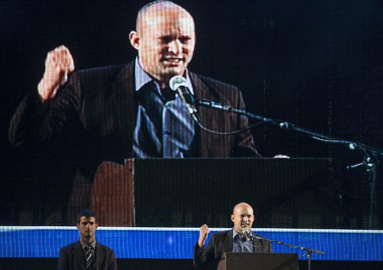 Israeli Economy Minister and head of the right-wing Jewish Home party Naftali Bennett speaks during a campaign rally on March 15, 2015 in Rabin Square, in the Israeli costal city of Tel Aviv